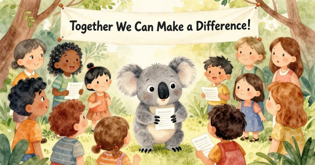 遊客們興奮地圍繞著小考拉Kiki,有些人手中拿著捐款表,展現出幫助的決心,背景有一條寫著「一起來改變!」的橫幅。