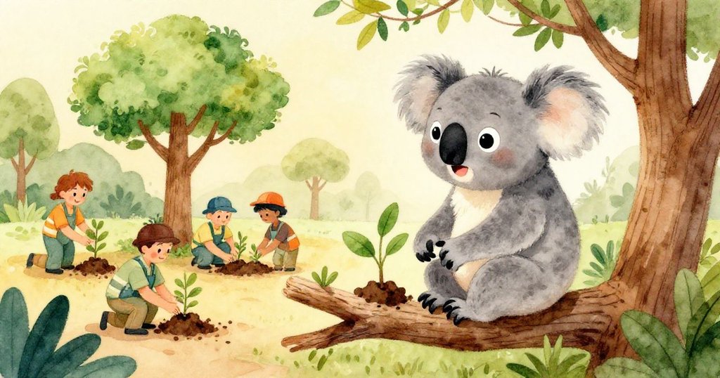 小考拉Kiki坐在樹枝上,快樂地注視著保護區工作人員們正在植樹,照顧環境的情景,周圍充滿著朝氣蓬勃的陽光。