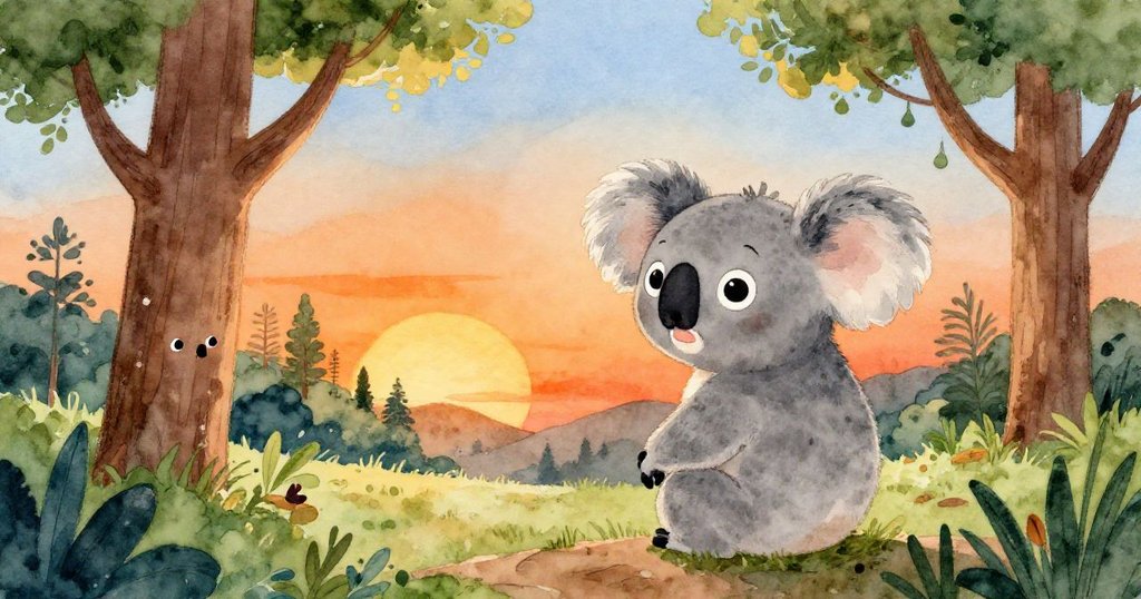 小考拉Kiki在日落時分俯瞰著保護區,臉上流露出驕傲和滿足,周圍的樹木再次挺拔,象徵著她的努力。