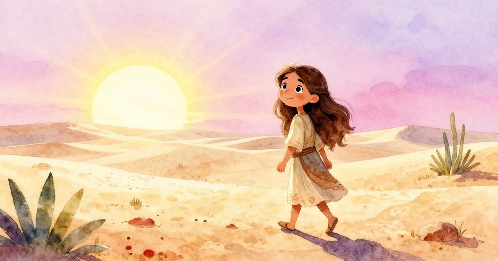 在黎明的柔光中，Elena穿越廣闊而凋零的平原，天空泛著微妙的洋紅色，背景中散布著堅韌的沙漠植物，營造出一種古老而神秘的氛圍。