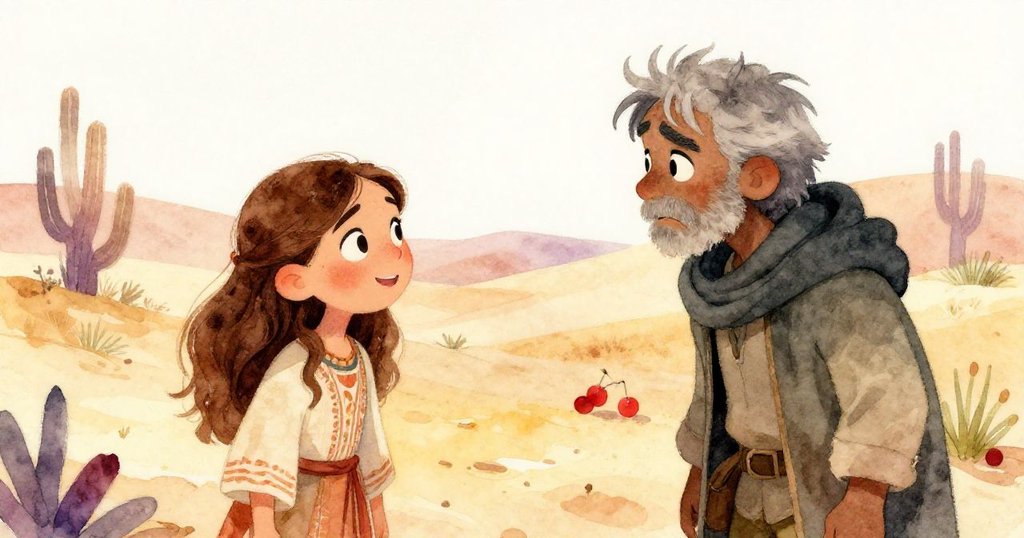 在一片陽光明媚的沙漠空地中，Elena與疲憊旅者熱烈交談，兩人表情中流露出驚奇、焦慮和希望，背景中散佈著沙丘、灌木與腳印，營造出生動而詳實的氛圍。