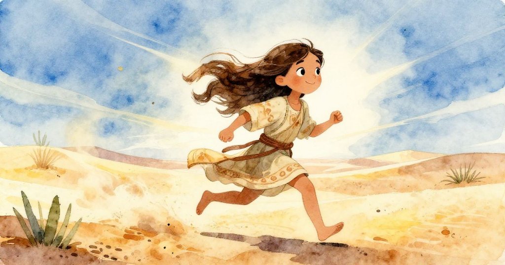 充滿活力的動態畫面中，Elena在沙漠中奔跑，風把她的頭髮和衣襟高高揚起，沙塵飛揚，灌木零星搖曳，背景中展現出劇烈變幻的天空，象徵著她堅定前行的決心。