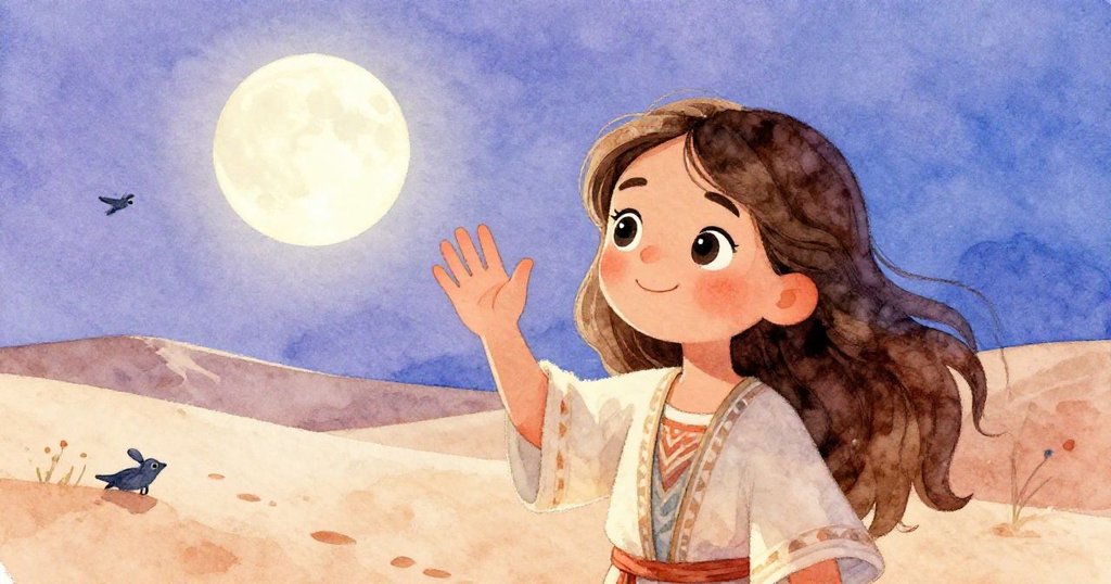 在夜幕低垂的黃昏裡，Elena站在沙漠邊緣，微笑著輕輕揮手告別這片變幻莫測的土地，背景中的月光與餘暉交織，營造出一種告別與新生並存的溫柔氛圍。