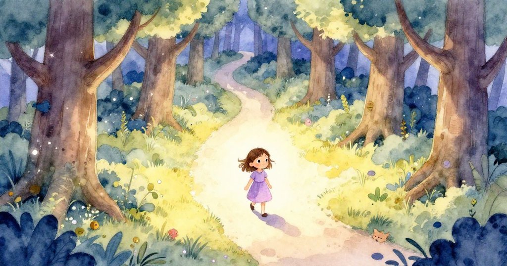 在這幅以俯視角呈現的插圖中，夜幕下的古老森林展現出迷人的景色，小莉拉正沿著蜿蜒的小徑前行，周圍點綴著細微閃爍的魔法光芒與好奇窺視的動物。