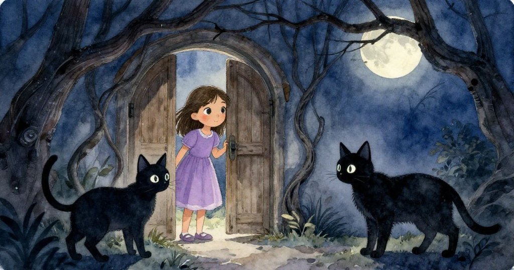 插圖採用背後視角，小莉拉凝視著隱藏在扭曲樹枝中的古舊木門，一隻神秘黑貓安靜地出現在畫面前景中，月光與陰影交織出濃厚的魔幻與緊張氣氛。