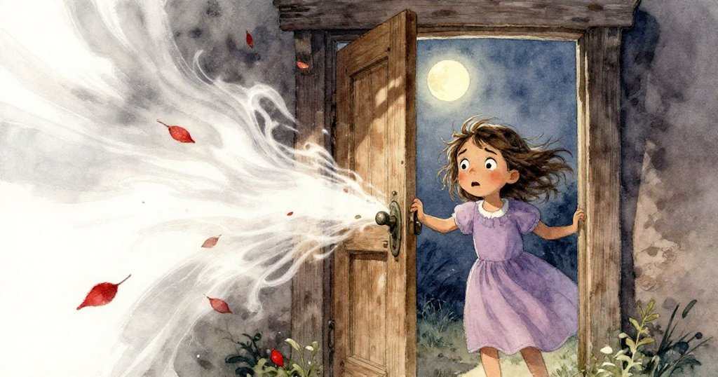 在這幅中景插圖中，古舊的木門正微微開啟，周圍風起雲湧，樹葉與長長的陰影隨風舞動。畫面中露出小莉拉一半的臉龐，她既顯示出恐懼又充滿決心，整個場景充滿了神秘與不安的氛圍。