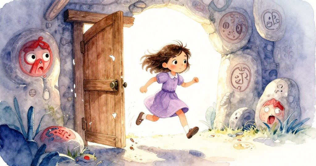 這幅動態插圖展示小莉拉邁步穿越木門，踏入一個充滿神秘光輝的古老密室。密室裡溫柔的光線照亮了刻有神秘符號的石頭，整個畫面充滿了勇氣與決心的氣息。