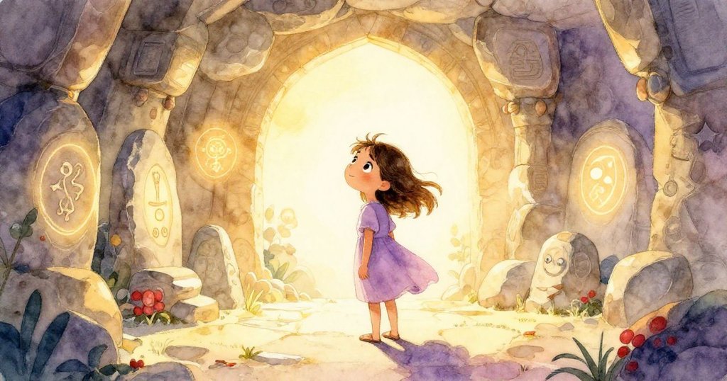 在這幅夕陽下的廣角插圖中，古老密室被金色的暮光籠罩，小莉拉站在刻有神秘符號的石頭旁，臉上洋溢著希望與新生的勇氣。溫暖的光線與柔和的陰影營造出寧靜而激勵人心的氛圍。