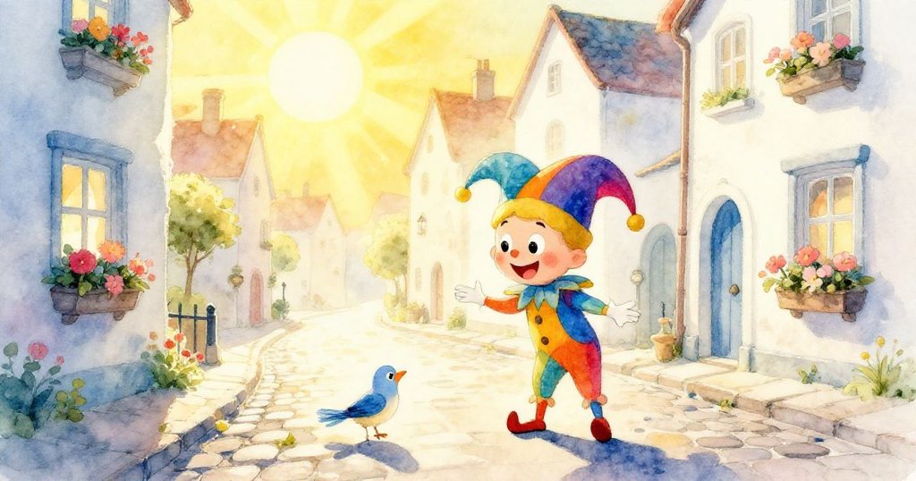 在黎明時分，一個充滿古舊魅力的小鎮在金色晨光中甦醒，熱情的小丑正與一隻小鳥互動，背景中傳來一絲神秘的冒險氣氛。