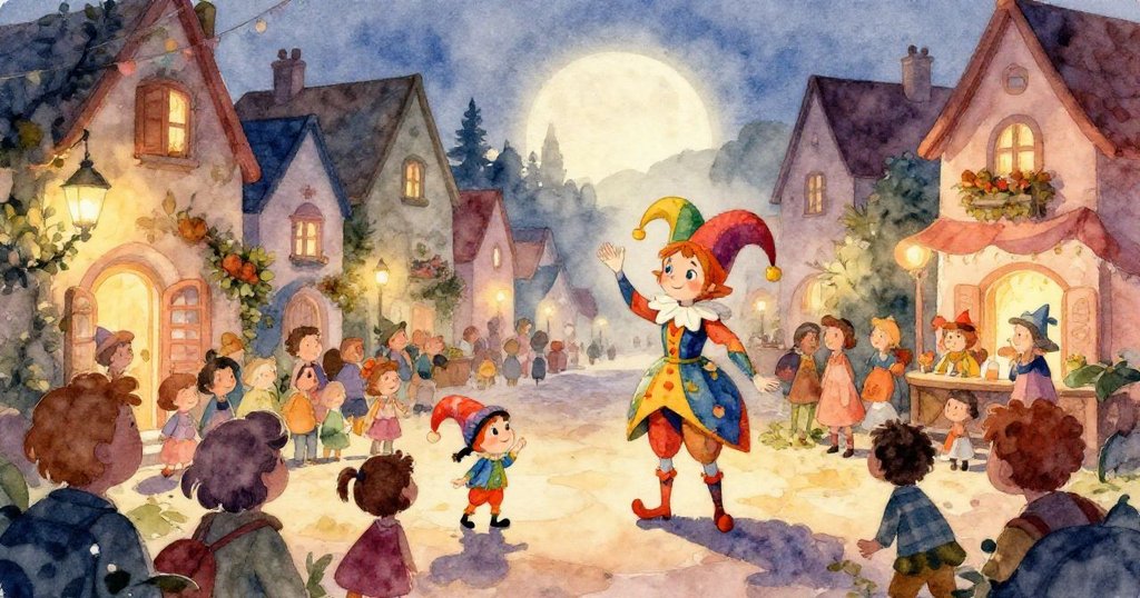 小丑面部特寫，展現出她充滿快樂和調皮的表情，明亮的櫻桃紅與柔和的淡紫色調襯托出她的活力與歡樂。