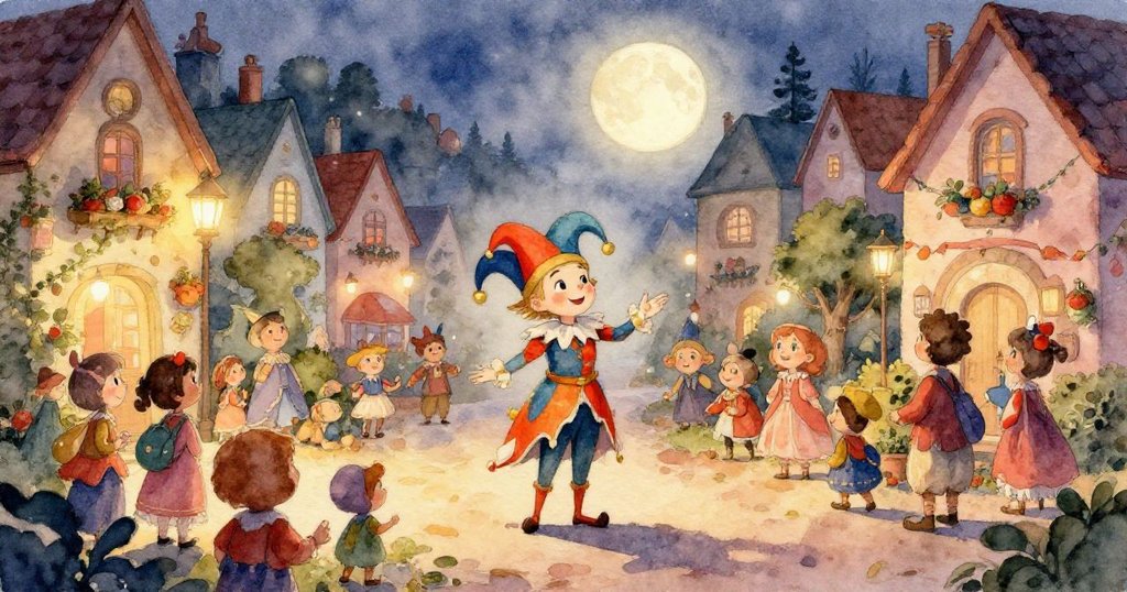 一個水坑中倒映出神秘信件的光芒，旁邊一位好奇的村民正凝視著信件，蝴蝶輕舞，營造出充滿魔法與希望的氛圍。