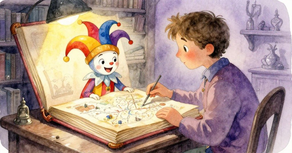 在一間溫馨的圖書室內，舊書散發著溫暖光芒，一張隱藏的地圖從書頁中探出，一位色彩斑斕的小丑和一位友善的陌生人正好奇地觸碰著它。