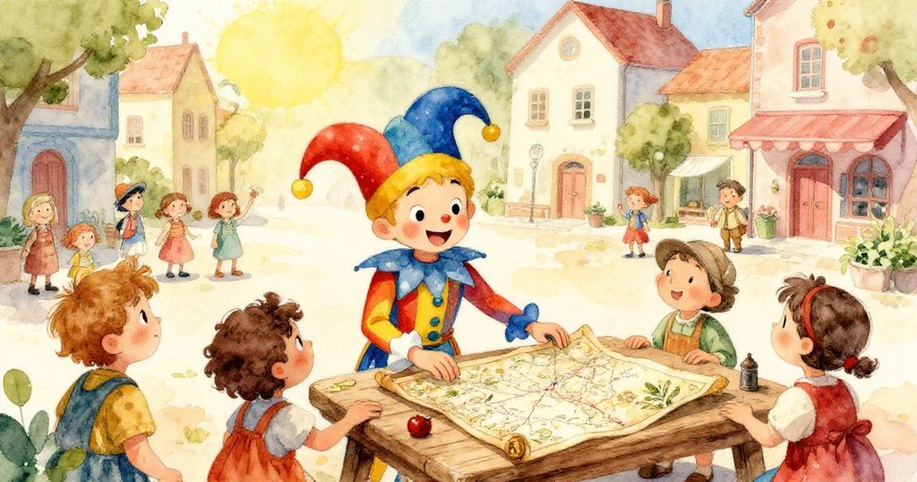 村民與小丑圍著一張古老的地圖，在充滿陽光的廣場上熱烈討論，指點著地圖上的隱秘路線，重拾曾被遺忘的夢想與歷史。