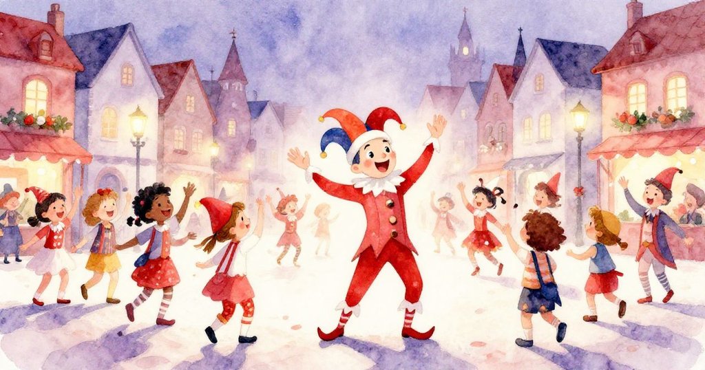 在黃昏時分，整個小鎮的人們在熱鬧的廣場上緊緊相擁，跳舞揮手道別，充滿了溫馨與歡樂，而色彩繽紛的小丑正作最後的俏皮鞠躬。