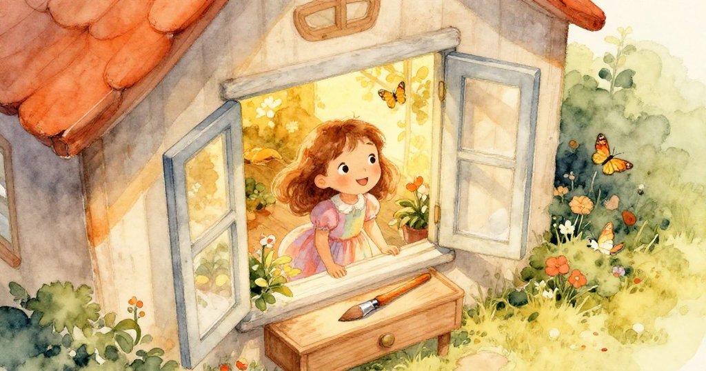 在這幅鳥瞰畫中，可以看到溫暖陽光照耀下的房屋和花園，窗戶打開透露出神奇畫筆的蹤跡，細緻呈現家中隱藏的魔法氣息。