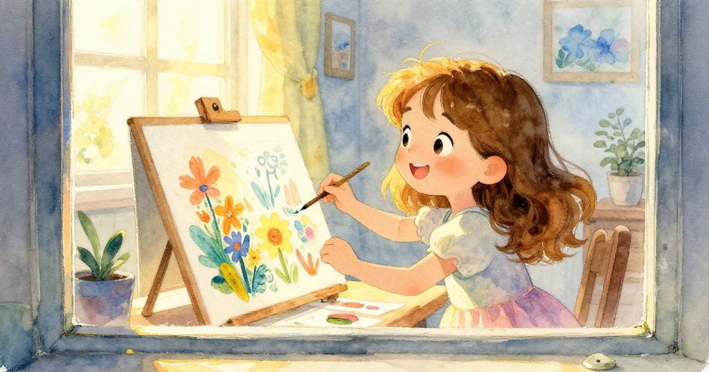 透過窗戶可見莉莉滿臉驕傲地欣賞著自己在陽光下創作的藝術作品，溫暖的光線灑入室內，營造出充滿魔法的氛圍。