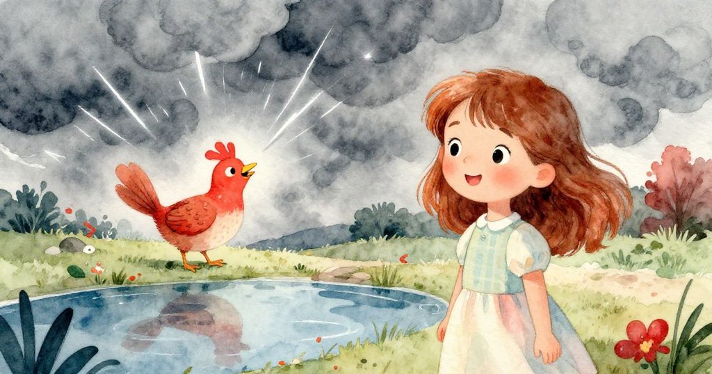 這幅畫描繪出突然聚集的暗雲和打雷的景象，小石鷗在雷鳴中勇敢地歌唱，而莉莉則鎮定自若面對變幻的天氣。