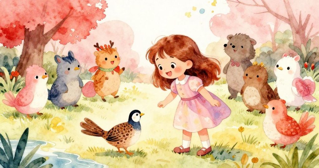 畫面中，莉莉蹲在池塘邊，微笑著向好奇的小鳥伸出手，身旁還有鄰居和小動物共同參與，整個場景充滿了希望與溫暖。