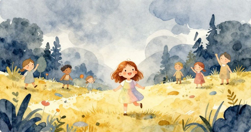 這幅寬廣的畫面描繪暴風雨過後的寧靜景象，鄰居和大自然和諧共處，莉莉站在中央微笑，珍惜這充滿希望與奇蹟的美好時光。