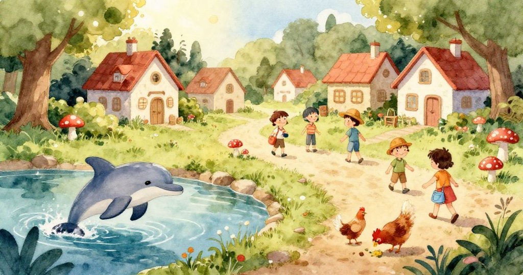 鳥瞰視角的繽紛村莊，海邊閃爍著藍色浪花，一隻快樂的海豚躍出水面，村民們互動熱鬧，鳥兒與蝴蝶增添生氣。