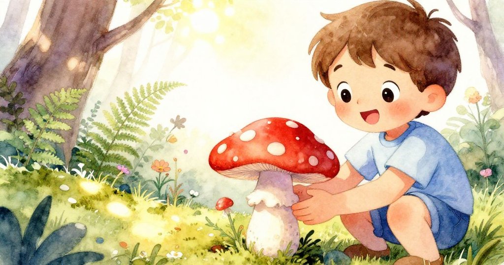 近距離畫面：Alex正好奇地蹲下身子，小心地捧著一朵鮮紅色、有斑點的蘑菇，背後是被樹葉斑駁陽光灑落的苔蘚和蕨類植物。