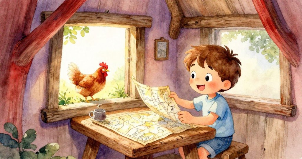 樹屋新室內景：Alex正好奇地研究桌上那張舊地圖和手寫便條，透過窗戶可以看見外面一隻活潑的小雞在啄食軟土，樹屋內木質質感溫暖宜人。