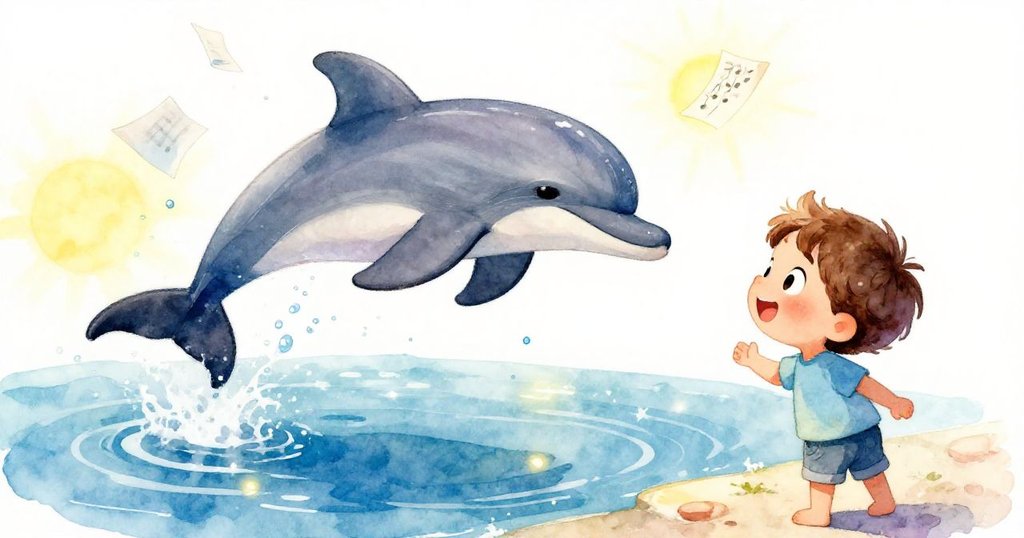 動感畫面：Alex在池塘邊滿臉驚喜地觀看海豚歡快地躍起，水花四濺，沿途隱約飄揚著柔和的音符，營造出夢幻般的自然樂章。