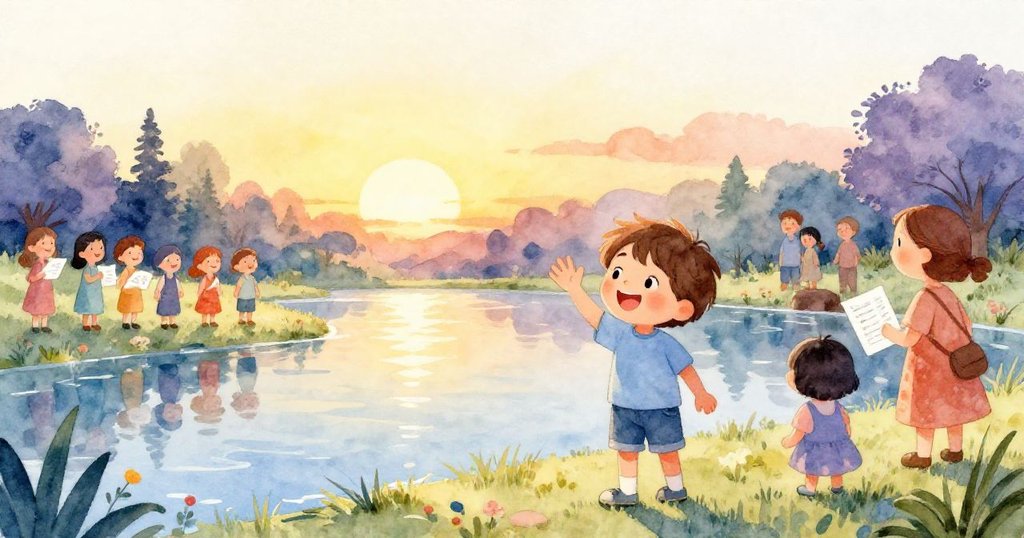 溫馨告別：Alex在傍晚的池塘邊揮手告別，臉上洋溢著溫暖的笑容，與鄰居及自然中的小動物共享這寧靜的時刻，夕陽餘暉灑下柔和光影。