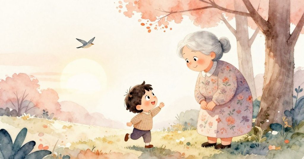 在清晨柔和光線下，小孩迎向銀髮奶奶，樹影搖曳與鳥兒飛舞，展現溫暖親切的邂逅與全新開始。