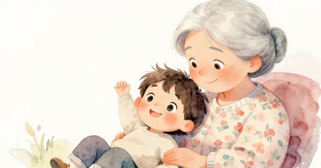 在細膩的特寫中，小孩與銀髮奶奶目光交會，臉上流露出平靜與安心的笑容，溫柔情感彌漫畫面中。