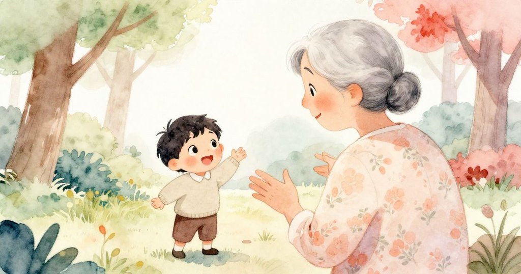 從奶奶背影視角看，小孩在樹林間熱情講話，陽光透過繁葉灑下，展現短暫時光中溫柔的交談場景。