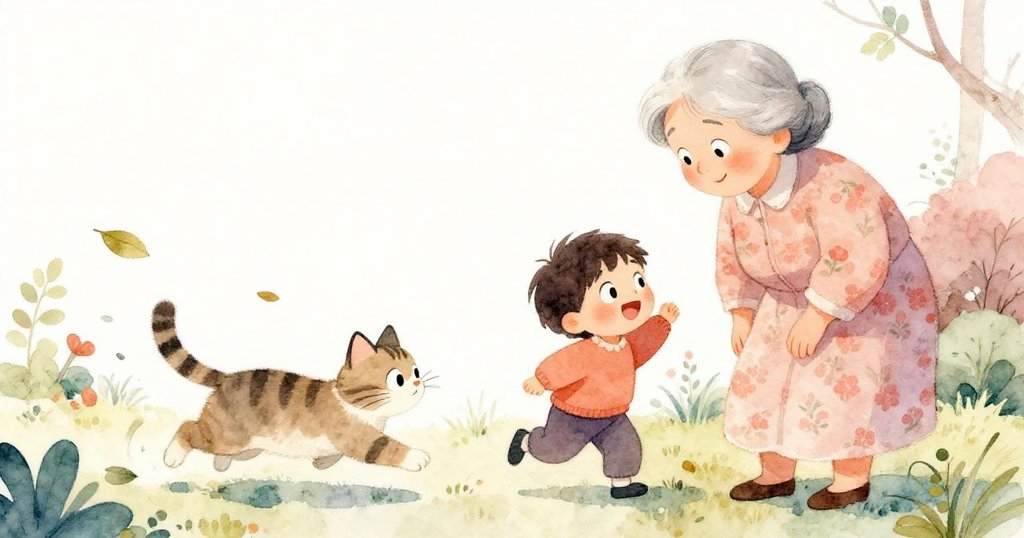 在明亮戶外，小貓迅速奔跑過葉間，小孩露出驚訝表情，奶奶溫柔關注，樹影與花瓣隨風舞動。