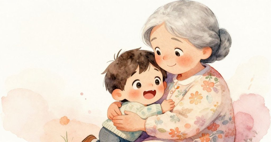 在溫暖的特寫畫面中，銀髮奶奶緊抱顯得害怕的小孩，隨後小孩臉上綻放安心與喜悅，情感溫馨深刻。