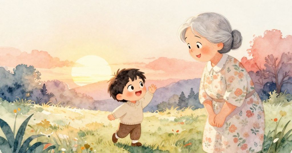 在日落金光映照下，小孩微笑揮手告別短暫美好的一天，奶奶溫柔注視，天空與大地柔美交融，展現絕妙餘韻。