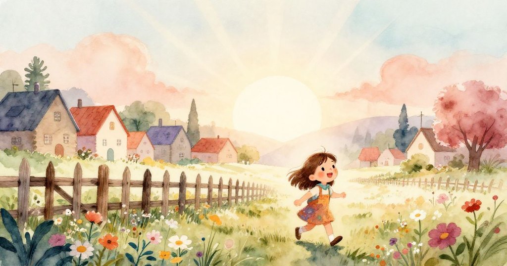 莉拉在寧靜村莊晨曦中漫步，走過老木柵欄旁盛開的野花，展現出溫暖生機。
