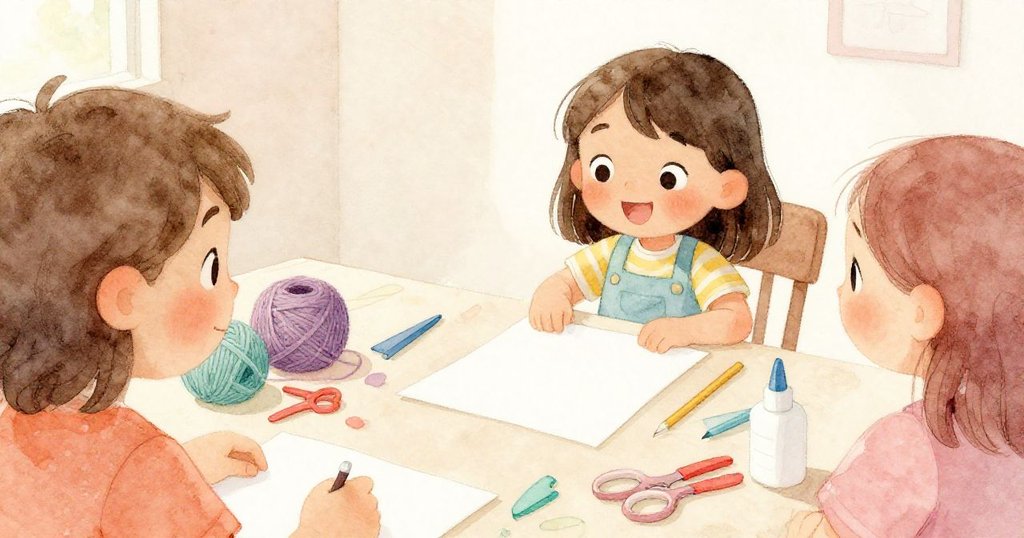 從莉拉背後看見她精心擺放紙張、剪刀與膠水，準備展開充滿夢想的創意日。