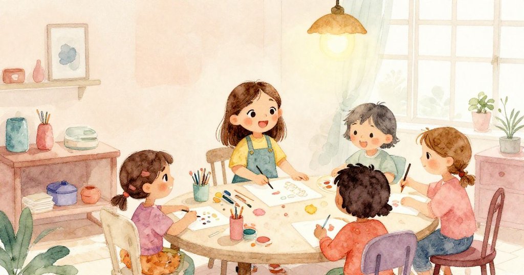 莉拉與朋友們在溫馨工坊中互動合作，圍繞著亂中有序的創作桌，共享笑容與創意靈感。