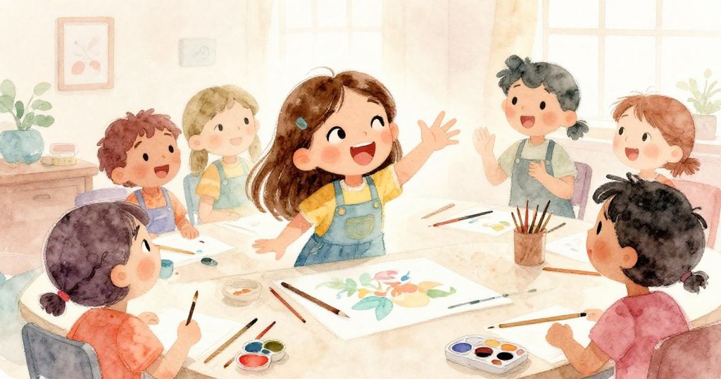 莉拉滿懷激情揮舞著雙手展示創作作品，周圍朋友熱情互動，現場充滿動感與活力。