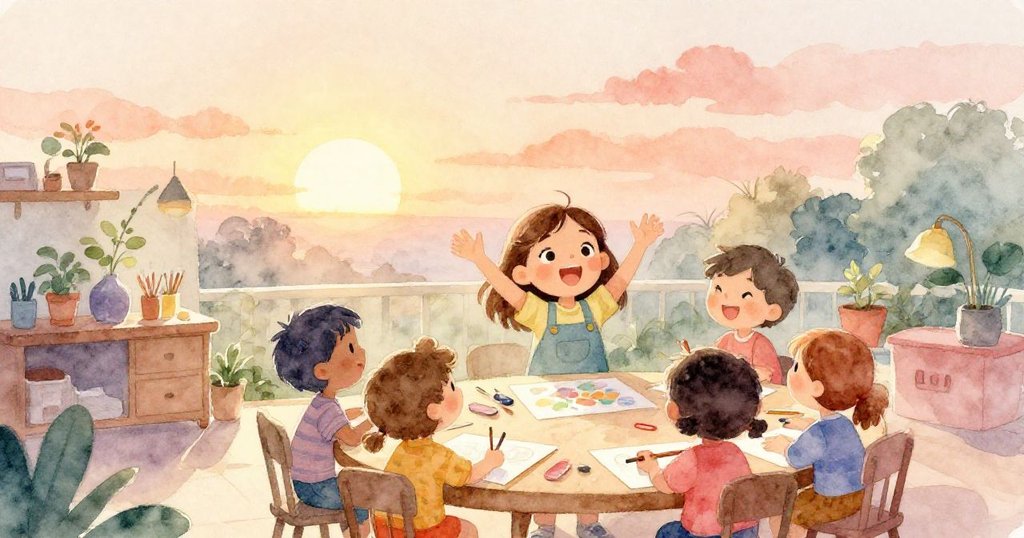 在黃昏金色光線中，莉拉與朋友們慶祝創意成果，大家共享溫暖笑容，現場洋溢著希望與成功的光芒。