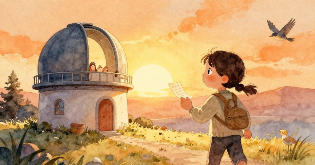 Evelyn在黎明時分站在鄉村天文台前，手持神秘信件，晨光映照出溫暖橙色光芒，開啟探索宇宙秘密的旅程。