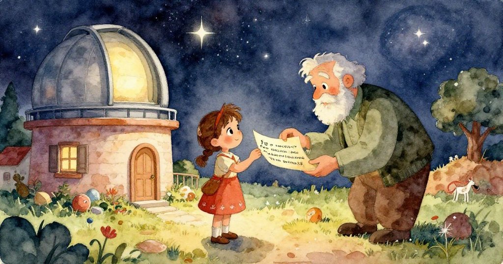 Evelyn的手輕柔地展開一封布滿神秘符號與古老地圖的信件，展現出對隱藏天文寶藏的無限好奇。