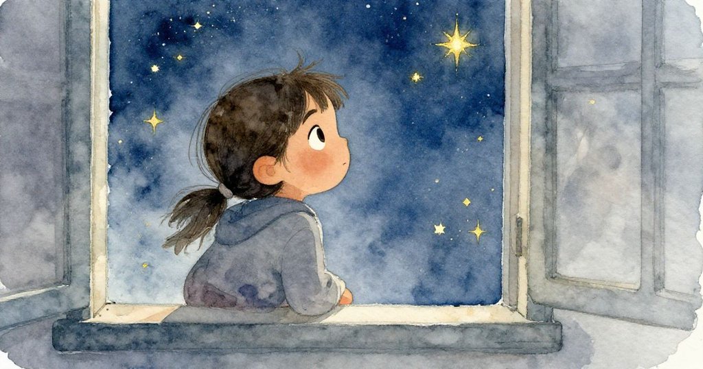 Evelyn靠著窗邊注視閃爍星空，透過玻璃映出古老故事與靈感，流露出無限的驚奇與期待。