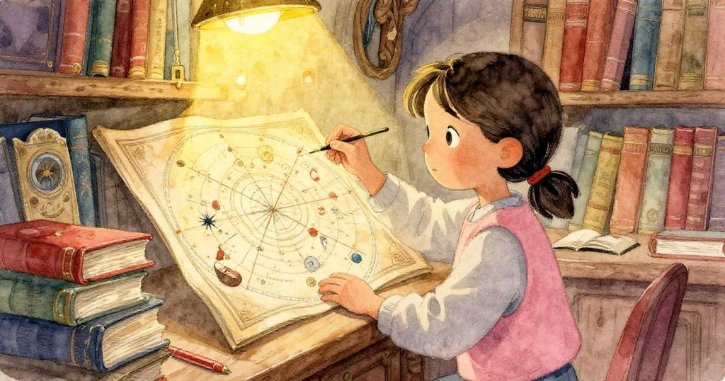 Evelyn在古老圖書館內細讀星圖與手稿，與歷史文獻互動，溫暖燈光映襯出深厚的天文熱情與謎樣情懷。