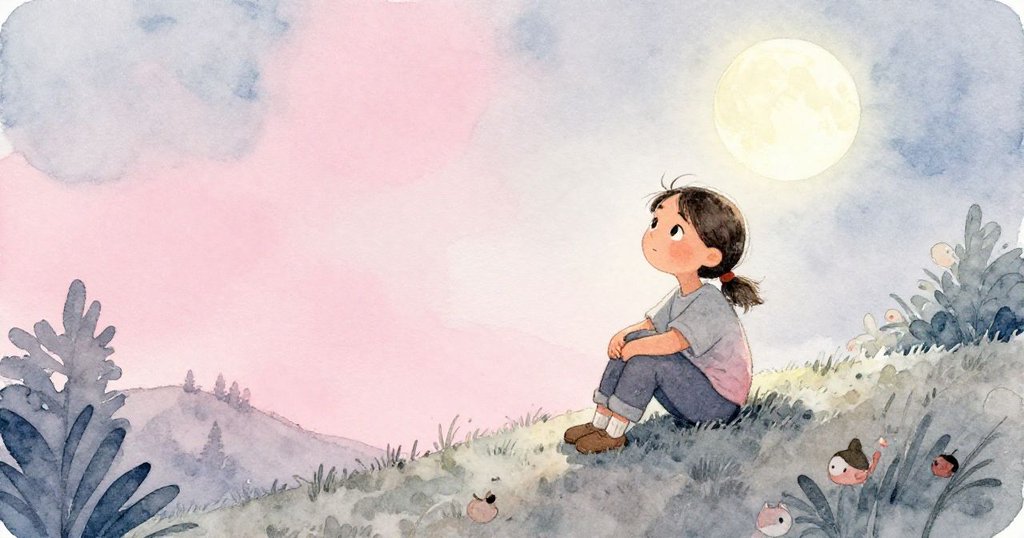 Evelyn坐在山丘上靜思星空秘密，月光柔和映襯心境，回味整段宇宙探索歷程，流露出深情與感激。