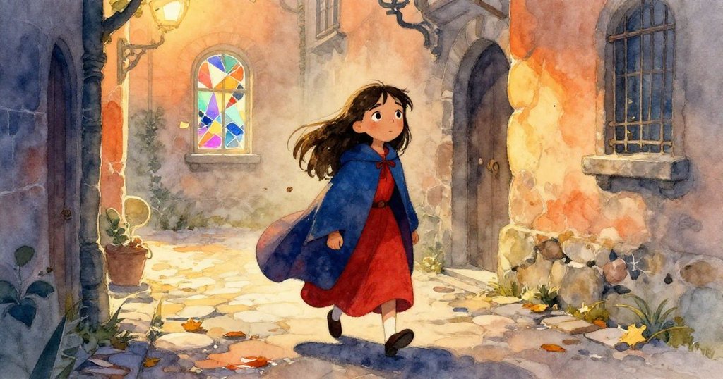 克拉莉莎傍晚穿越古老石板巷弄，神情堅定，夕陽金光映照，背景窗戶中隱約可見破碎稜鏡與飄落樹葉，展現神秘傳說氛圍