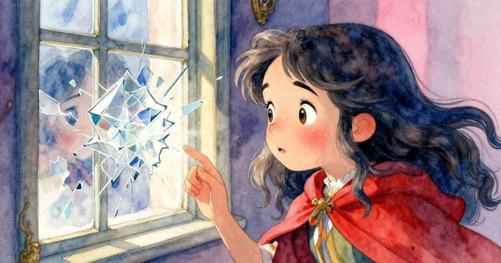 克拉莉莎近距離凝視破碎稜鏡，臉上滿懷驚奇與好奇，側光灑落在碎片上，細節豐富且充滿魔幻氣息