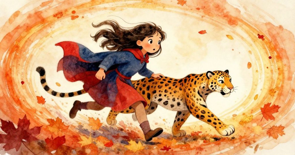 克拉莉莎與好奇美洲豹在秋葉紛飛中並肩奔跑，動態姿態展現冒險呼喚，背景充滿溫暖金橙紅色調與活力