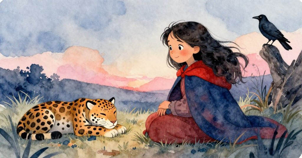 克拉莉莎在市郊靜謐空地上深思微笑，旁邊美洲豹安坐，烏鴉靜靜棲息，營造出內心平和與旅程領悟的溫馨畫面