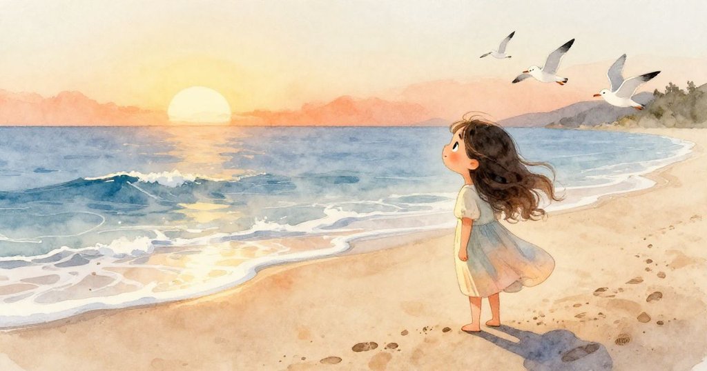 安娜站在海邊，背景展現金黃晨光與海浪輕拍沙灘，小鳥飛舞，畫面充滿好奇與期待。