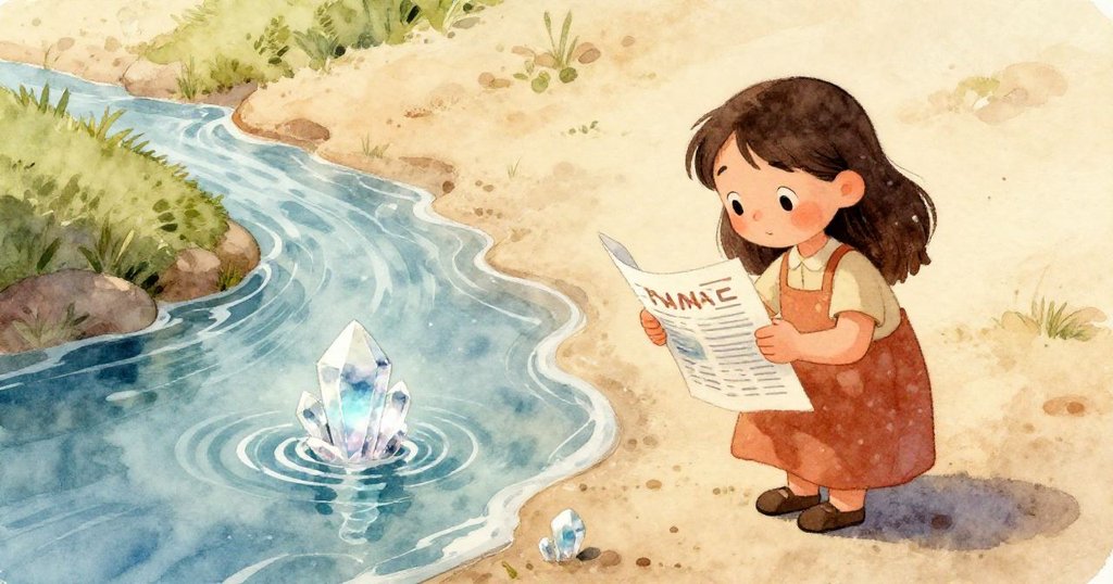 安娜在沙灘上發現一塊閃爍著光芒的水晶，她輕觸水晶，細節清晰展現神秘與迷人的光彩。